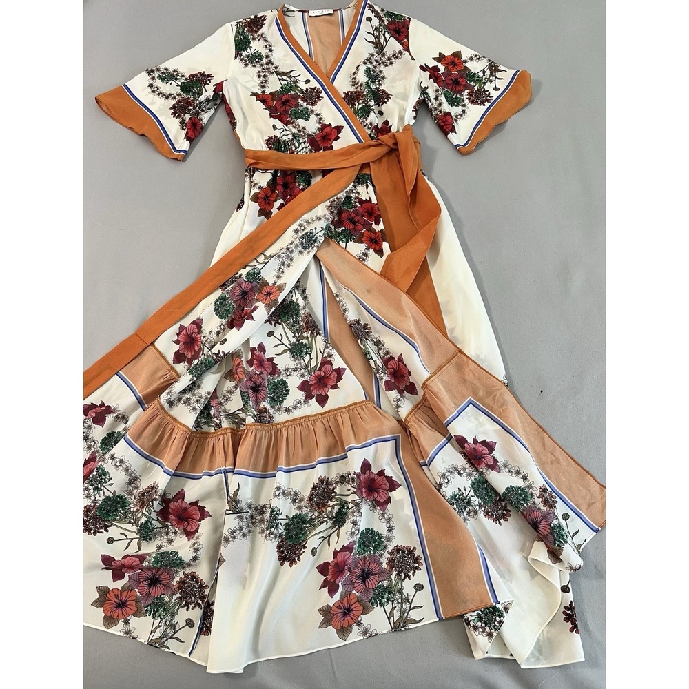 Ladies Sandro 100% Silk Floral Wrap Dress Kimono Midi Size Eu 36 UK 8 - Picture 8 of 16